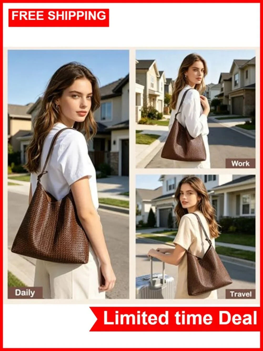 2-Piece Woven Texture Hobo Bag Set Vegan Leather Tote & Clutch Large Capacity